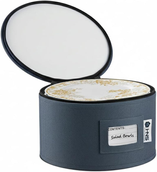 Salad Plates Storage Container - Hard Shell China Organizer with Dividers - Holds 12 Plates of 9" - Durable & Stackable Storage Box for Seasonal Dishware Protection - Denim Blue