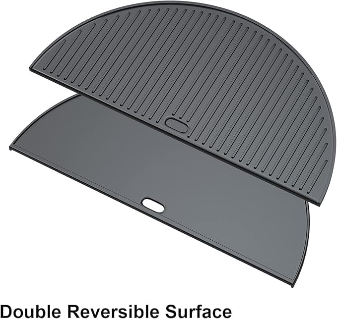 18" Half Moon Cast Iron Cooking Grates for Kamado Joe KJ-23RHC Classic II KJ23NRHCI Classic III KJ23RH Classic I Reversible Griddle for Stand-Alone Classic Large Big Green Egg Kamado Grill Replacement