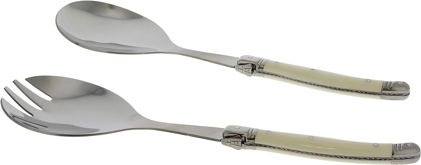 French Home Laguiole Connoisseur (Faux Ivory) Salad Servers 2 Piece Set — Stainless Steel Flatware Set — Salad Serving Utensils — Silverware Set Spoon and Fork Set — Dining Utensils Set