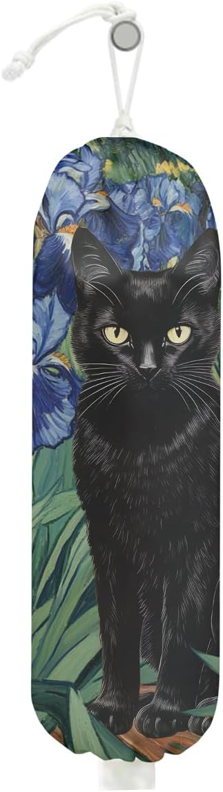 Mysterious Cat Plastic Bag Holder, Wall Mount Plastic Bag Holders for Grocery Bags, Vibrant Floral Washable Grocery Bags Storage Dispenser for Home Kitchen Decor, Cat Lover Gifts for Women