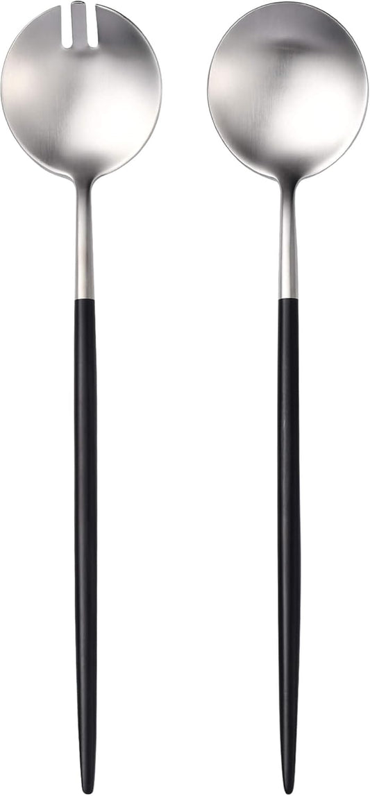 Silver Black Salad Serving Utensils,Serving Spoons Stainless Steel,2Pcs Long Handle Salad Servers 11.42 Inch,Salad Utensils for Serving,Matte Finish,Dishwasher Safe