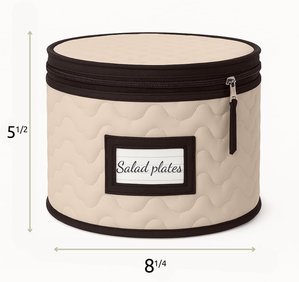 Salad Plates Storage - Quilted Microfiber China Organizer Box with Dividers , Protects & Organizes Up to 12 Plates of 8" - Ideal for Seasonal Dishware Protection