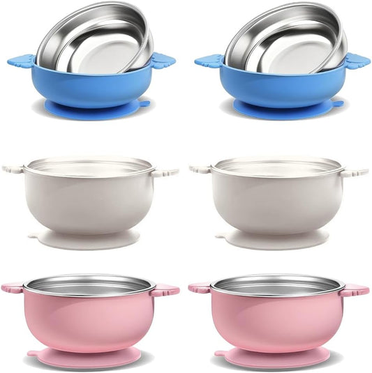 6 Pack Stainless Steel Bowls,suction two-in-one, BPA-free detachable silicone sleeve, anti-slip, heat-resistant, unbreakable, dishwasher safe, suitable for fruits, vegetables and rice