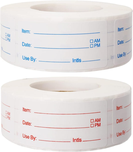 2 Rolls 1000 Pieces Removable Food Labels, 1 x 2 Inch Date Stickers for Freezer, Refrigerator Food Containers - Easy to Write On