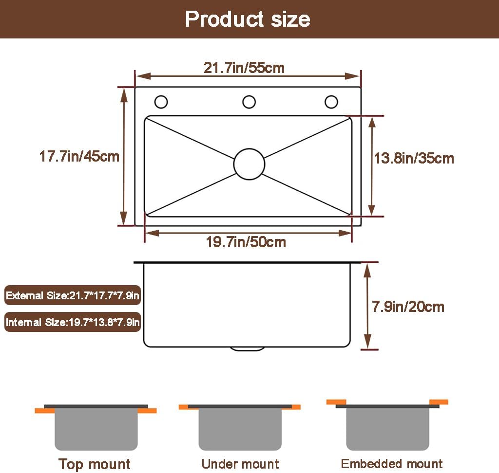 Drop In Kitchen Sink Workstation, Nano Stainless Steel Topmount Bar Single Bowl Sink Combo-Soap Dispenser, Drain Basket, Drain Strainer Set for Modern Kitchen Sink (21.7 * 17.7 * 7.9in)