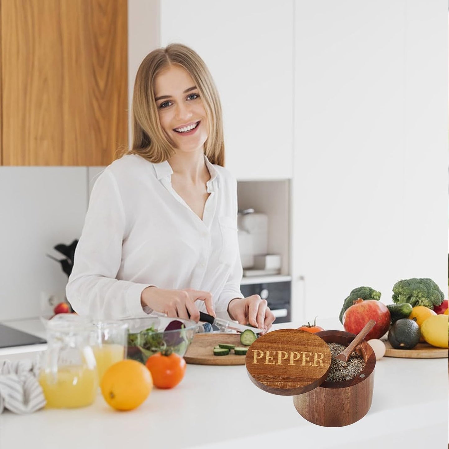 PEPPER Cellar, Acacia Wood Salt Container with Built-in Spoon & Swivel Lid, Engraved PEPPER Box, Salt Holder Bowl for Countertop Seasoning Storage