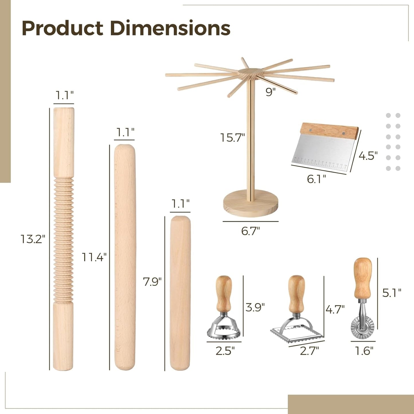 8 Pcs Pasta Making Tools, Wood Pasta Maker Kit, Includes 1 Pasta Drying Rack, 3 Rolling Pins, 1 Dough Cutter, 2 Pasta Stamps, and 1 Ravioli Cutter, Homemade Pasta Making Supplies