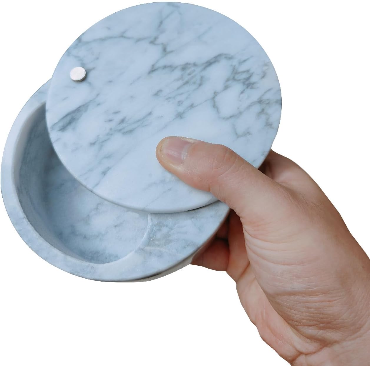 Marble Salt Cellar and Storage Box with Two Compartments Salt Box with Swivel Lid for Storing Spice (White)