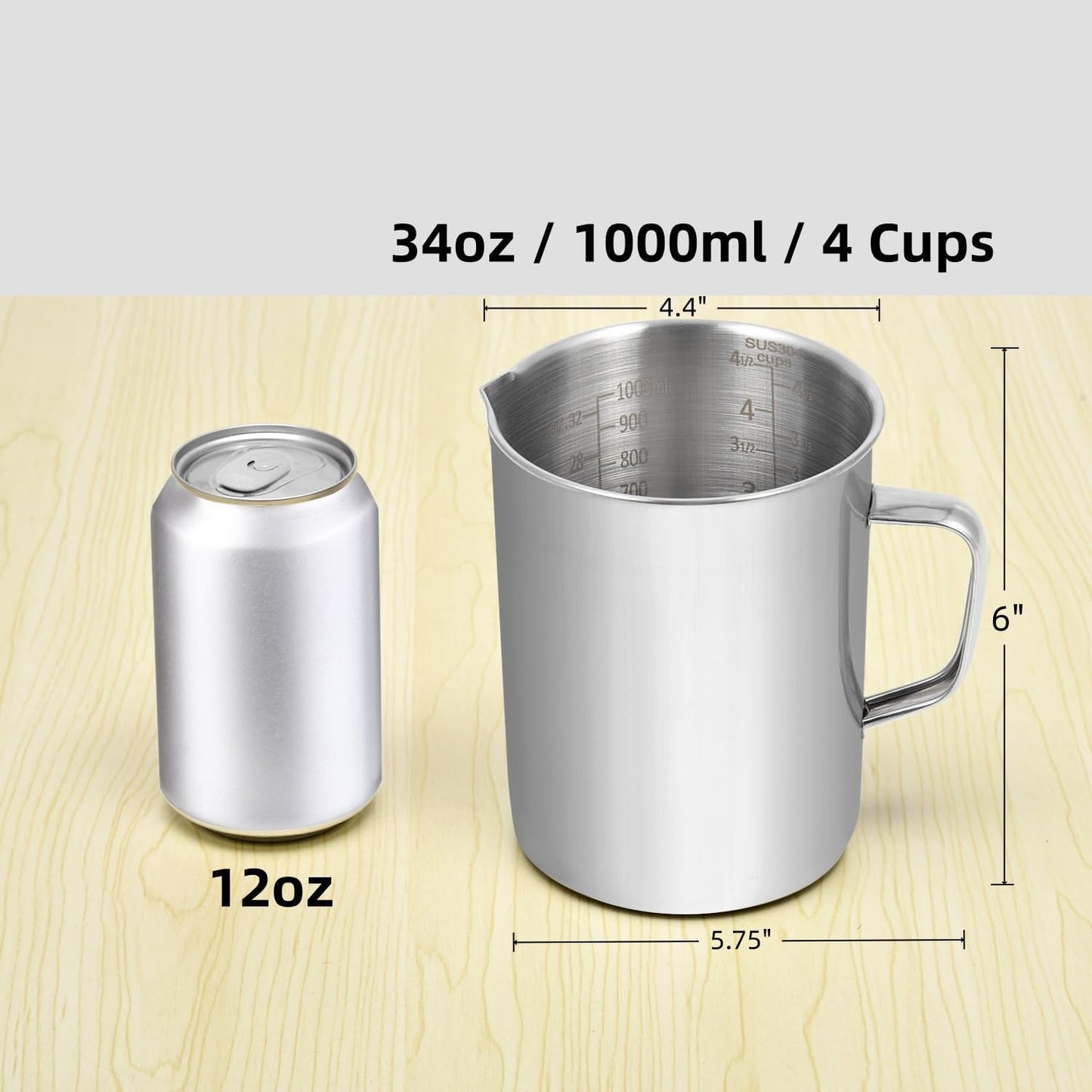 Kichwit Large Stainless Steel Measuring Cup, Liquid Metal Measuring Cup with Handle, 34oz / 1000ml / 4 Cups