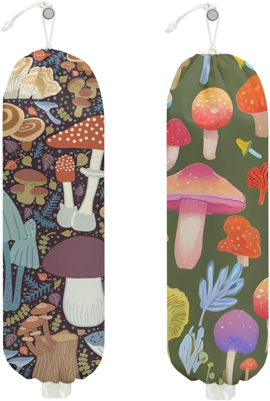 2 Pcs Mushroom Plastic Bag Holder, Wall Mount Grocery Bag Holder for Plastic Storage bag, Large Reusable Grocery Bags Storage Dispenser for Home Kitchen, Cute Mushroom Gifts for Women Wife Grandma