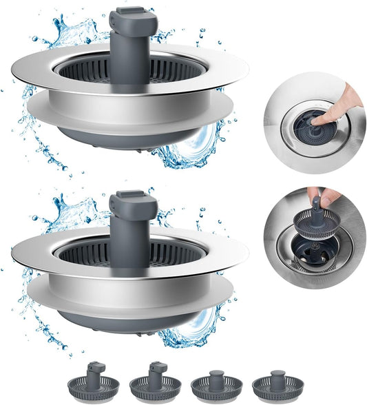 Hibbent 2 Pack 3 in 1 Kitchen Sink Drain Strainer and Stopper Combo, Chrome Stainless Steel Wraped Shell, 6 Anti-Clogging Basket Strainer with Foldable Handle for US Standard 3-1/2" Drain