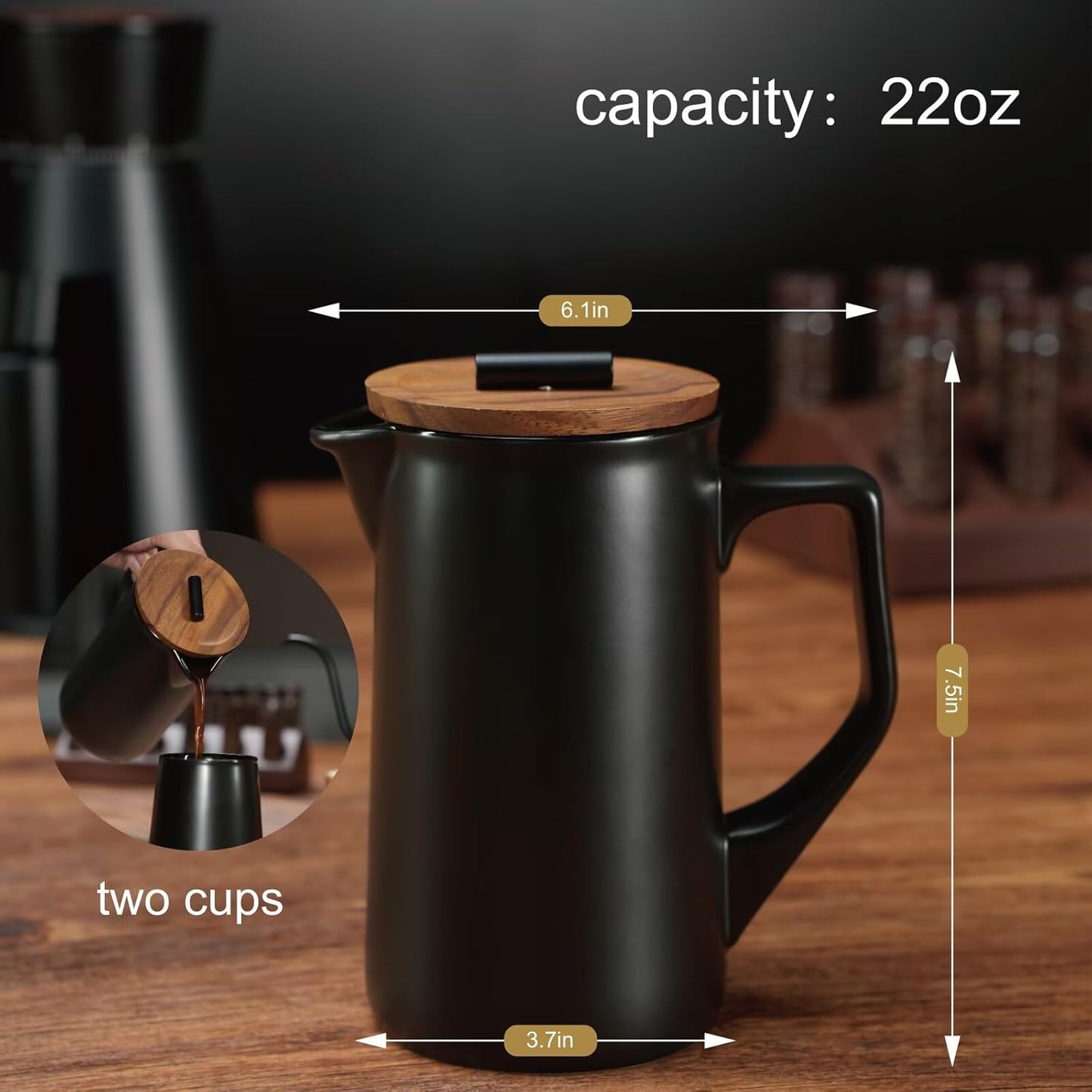 DHPO Ceramic French Press Coffee Maker, 22 Ounce Coffee Press Manual Brewer with Walnut Wood Lid, Premium Food Grade Stainless Steel Filter with Dual Screen for Coffee and Loose Tea, Gift Box, Black