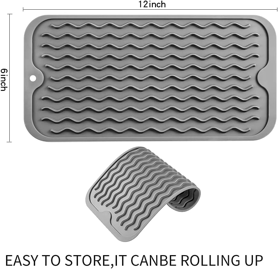 Silicone Dish Drying Mat for Multiple Usage,Easy clean,Eco-friendly,Heat-resistant Silicone Mat for Kitchen Counter or Sink,Refrigerator or Drawer Liner Grey S 12 inches x 6 inches