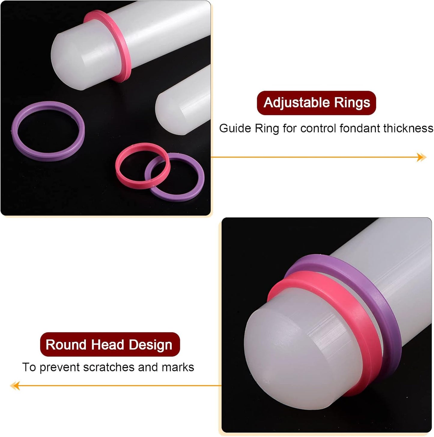 HARFINGTON 2pcs Fondant Rolling Pin with Rings PP 30cm x 2.5cm Non Stick for Baking White