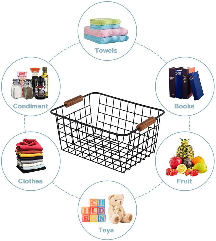 Wire Kitchen Storage Basket 4 Packs,Perfect Pantry Organization Accessories Baskets,Laundry Basket,With a Wooden handle,Suitable for Kitchen,Bathroom,Bedroom,Tabletop,Stackable,Black