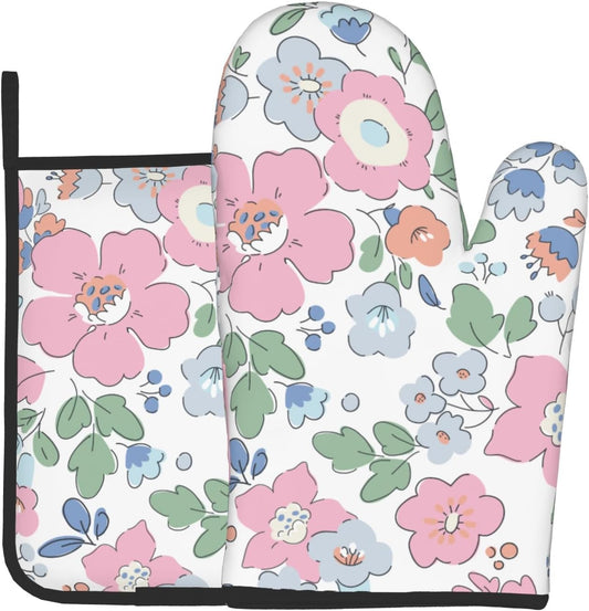 Pink Floral Oven Mitts and Pot Holder Set of 2 Watercolor Flower Heat Resistant BBQ Gloves Hot Pads for Kitchen Baking Cooking Microwave