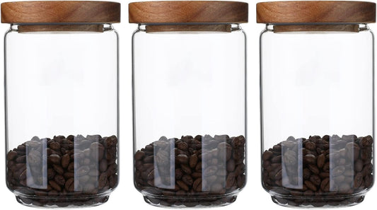 Glass Storage Jars Set of 3, 25 OZ HIgh Borosilicate Glass Containers Kitchen Food Canisters with Acacia Wood Lids for Coffee Beans/Sugar/Tea/Nuts