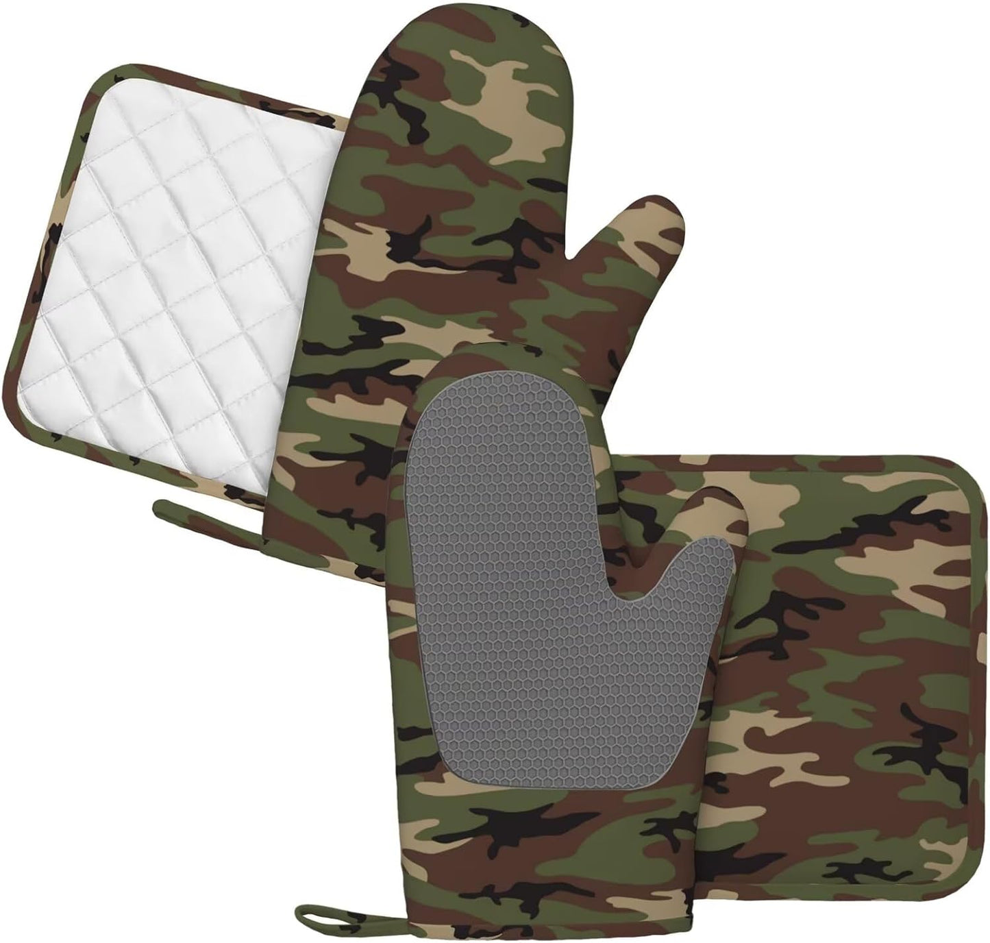 Camouflage Oven Mitts and Pot Holders Set of 4 Silicone Camo Kitchen Mitten Gloves and Non-Slip Potholders Set Heat Resistant Oven Gloves Hot Holders for Kitchen