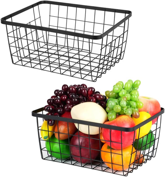 Kitchen Metal Wire Baskets with Handles Food Storage Organizer, Household Refrigerator for Cabinets,Pantry,Bathroom,Black,2 Pack