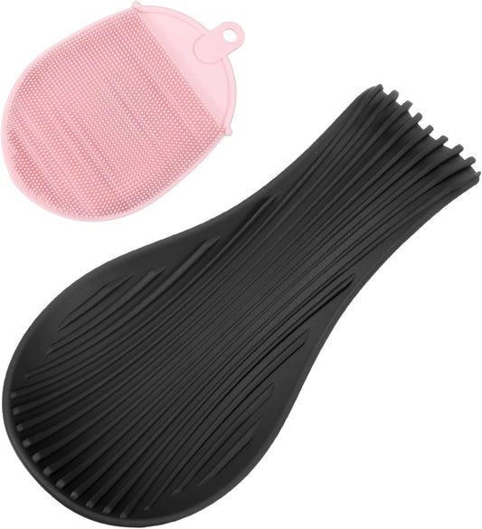 uxcell 1 Set Silicone Spoon Rest for Stove Top, Silicone Spoon Holder for Cooking Spatula, Ladle, Brush Black/Pink