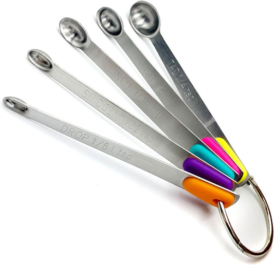 Stainless Steel Mini Measuring Spoons Set of 5 – Precise Teaspoon Measuring Tools 1/64, 1/32, 1/16, 1/8, 1/4 Tsp – Small Spice Measuring Spoons with Silicone Grip Handles & Storage Ring