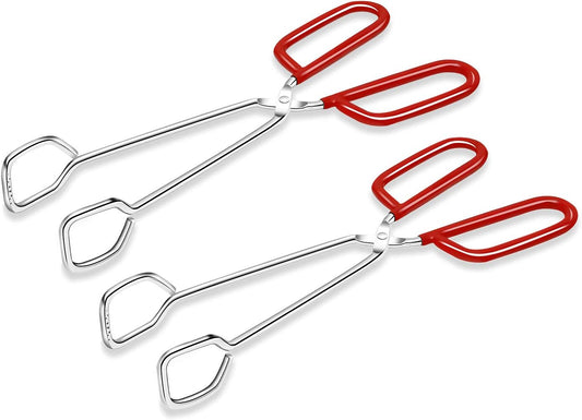 10-Inch Heavy Duty Stainless Steel Kitchen Tongs - Non-Slip Comfortable Red Grip, Scissor Design, Heat Resistant for BBQ and Cooking, Set of 2