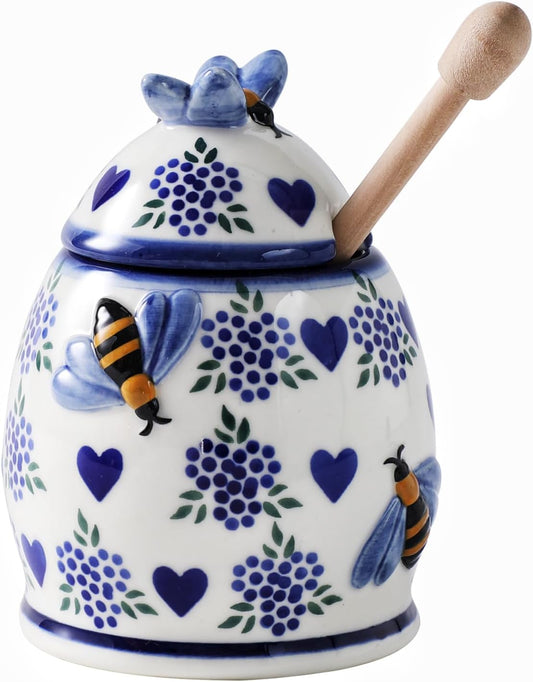 ZOOBEE Ceramic Honey Pots with Dipper and Lid Farmhouse Style,10oz Honey Dispenser No Drip,Handpainted Honey Jars with Bees,Easily Wash-Deep Love