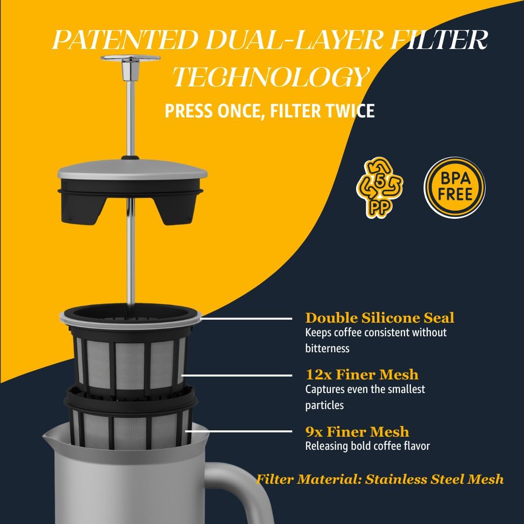 ESPRO P7 French Press Coffee Maker - Double-Walled Stainless Steel Insulated with Micro-Filter, 18 Oz, Brushed Stainless Steel