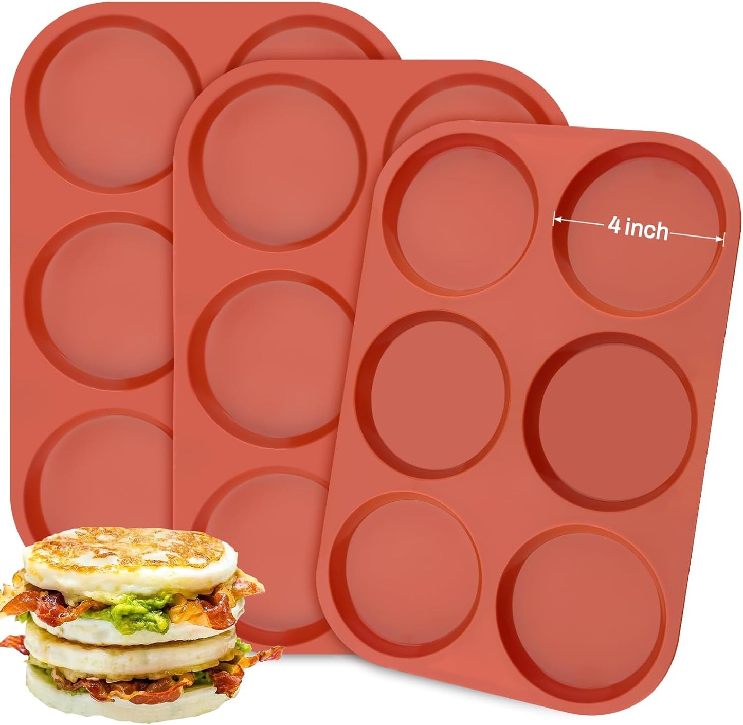 Ocmoiy 4 Inch Silicone Egg Mold for Breakfast Sandwiches, 3 Pack Non-Stick Silicone Jumbo Muffin Top/Hamburger Bun Pan Eggs Bites Molds for Oven Baking Egg Patty, Pancake, Frittata