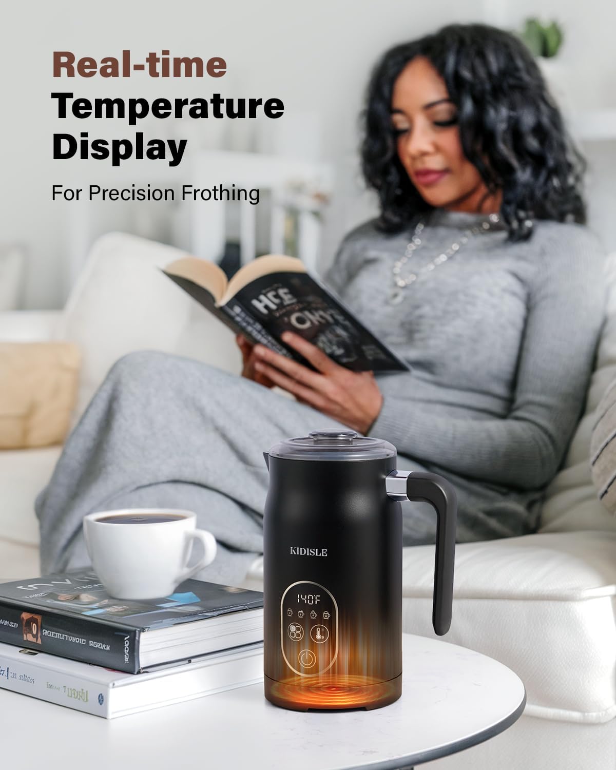 4-in-1 Electric Milk Frother and Steamer, Milk Steamer with Auto Temperature Control, Warm & Cold Foam Maker, Fast Frother for Coffee, Latte, Hot Chocolate, Cappuccino, Macchiato, Black