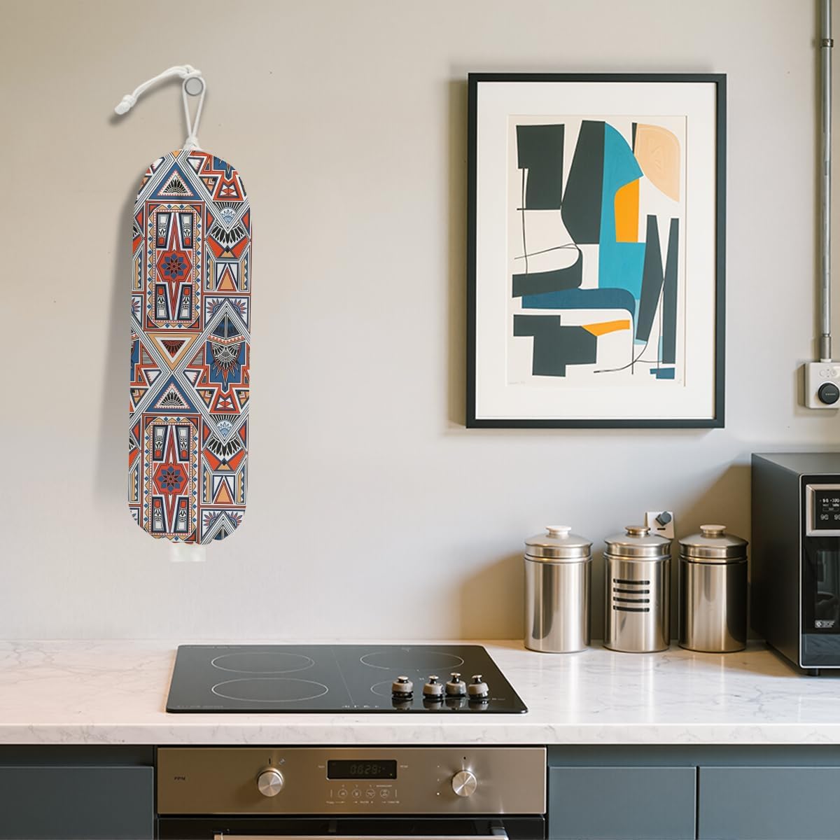 Vintage Ethnic Print Plastic Bag Holder, Wall Mount Grocery Bag Holder for Plastic Bags, Abstract Art Farmhouse Kitchen Pantry Decor Reusable Grocery Bags Organizer Storage Dispenser