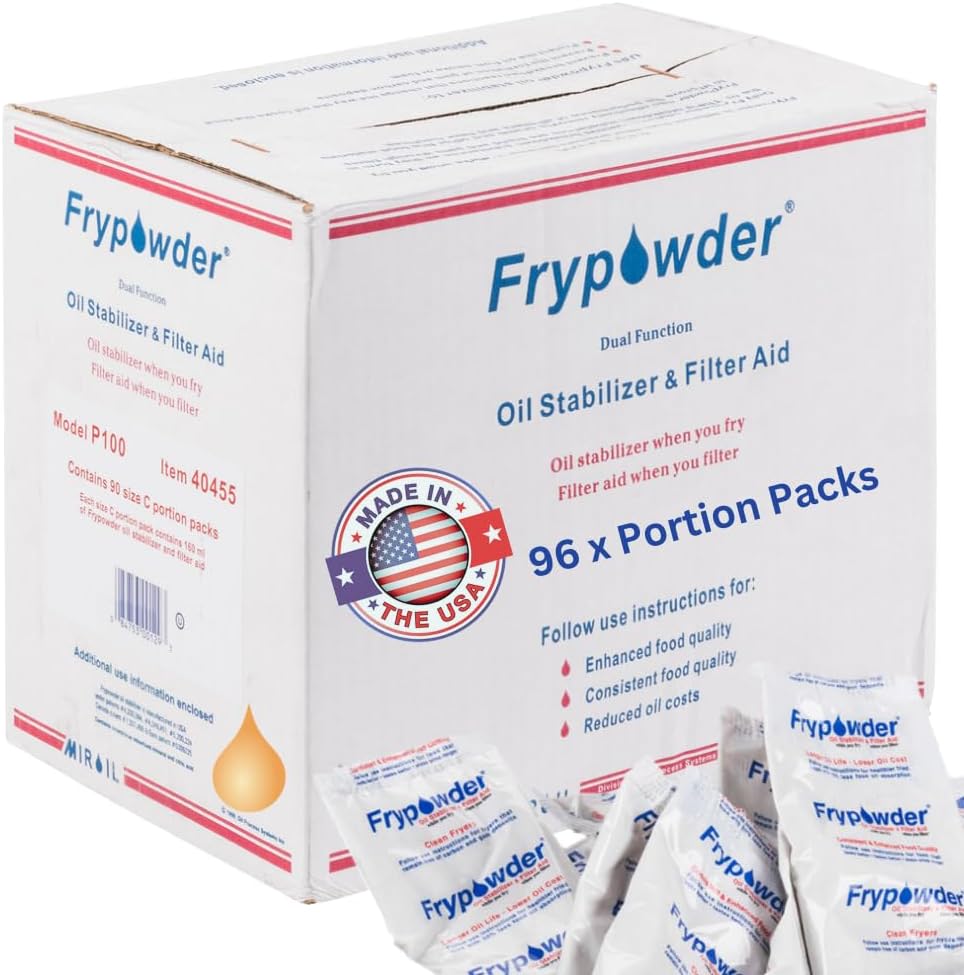 MirOil P100 Fry Powder Oil Stabilizer and Filter Aid, 90 x Size C Portion Pack(160ML Each) Fry Powder, Food Centers Cook Hotter, Deep Fryer Cooking Oil Saver Helps Save Grease & Remove Carbon Deposits