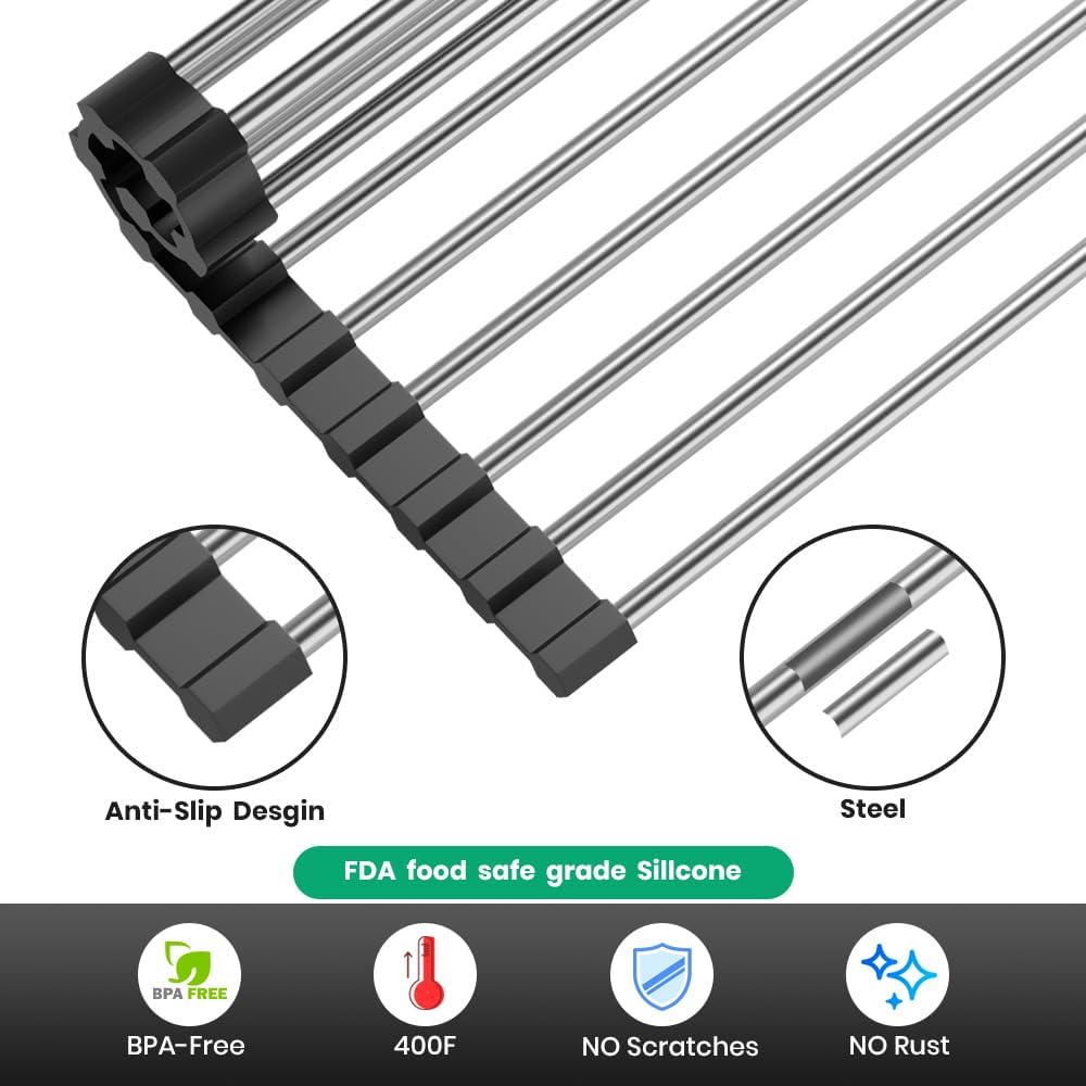 Roll Up Dish Drying Rack, Stainless Kitchen Accessories, Foldable Dish Rack, Anti-Slip Design Sink Counter Storage, Over The Sink Dish Rack, Stainless Steel, (17.5" x 12") Gray