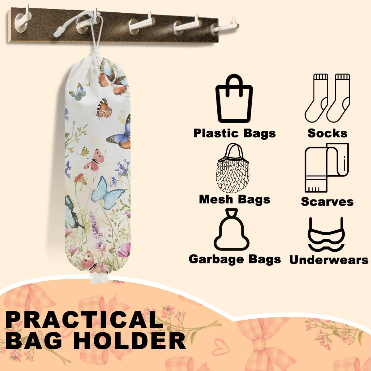 2Pcs Vintage Floral Plastic Bag Holder, Wall Mount Trash Bag Holder, Summer Floral Colorful Butterfly Large Reusable Grocery Bags Storage Dispenser for Home Kitchen Pantry, Butterfly Gifts for Women