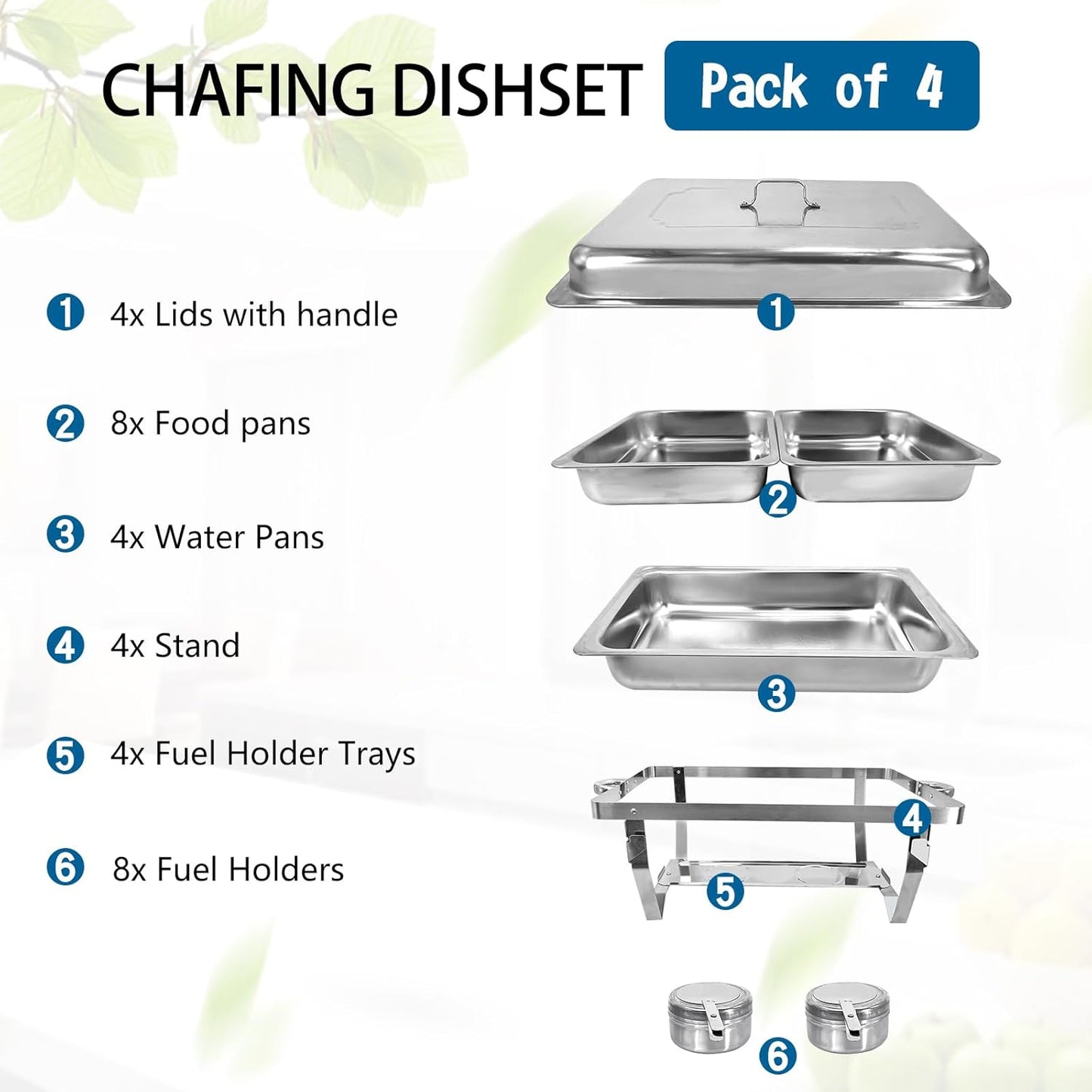 Chafing Dish for Buffet, 4 Pack Stainless Steel Chafing Servers Food Warmer Set with 8QT Half Size Food Pan for Kitchen Party Banquet Dining