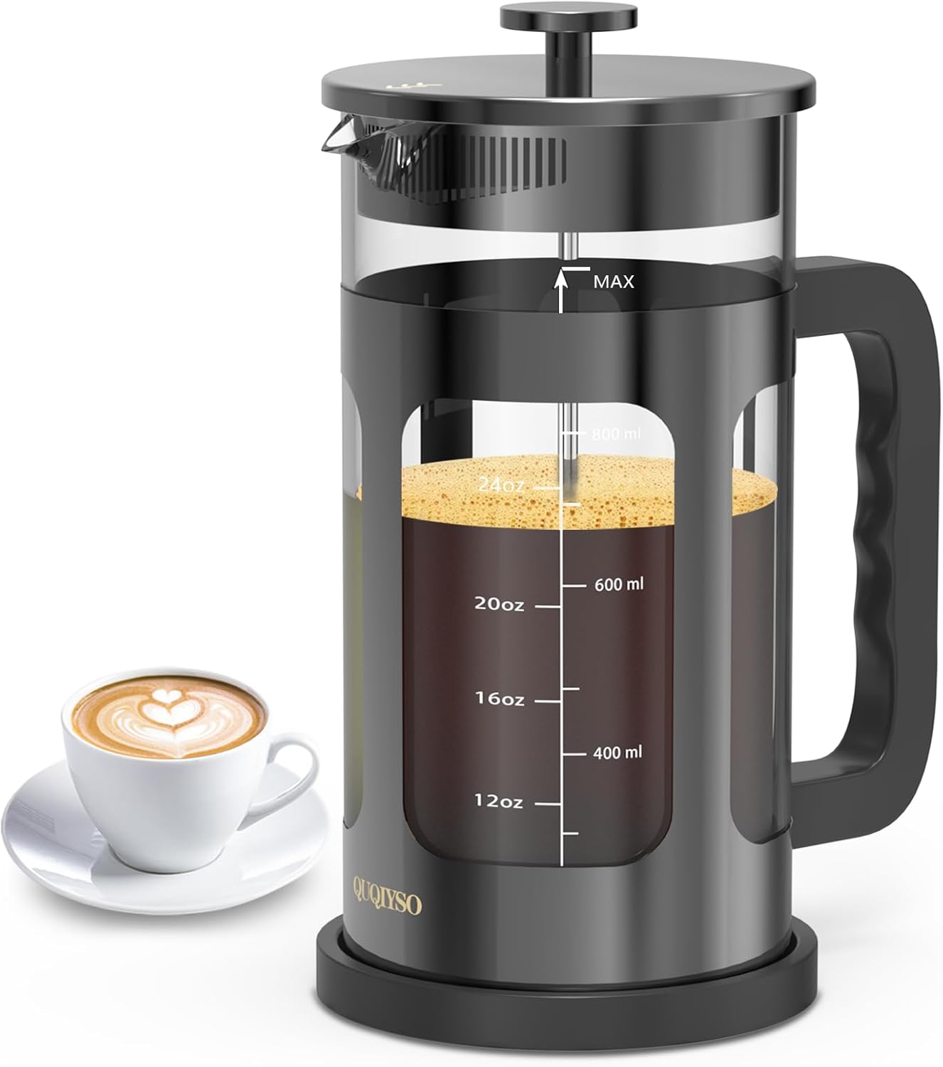 QUQIYSO French Press Coffee Maker 34oz 304 Stainless Steel French Press with 4 Filter, Heat Resistant Durable, Easy to Clean, Borosilicate Glass Coffee Press, 100% BPA Free Glass Teapot, Dark Pewter
