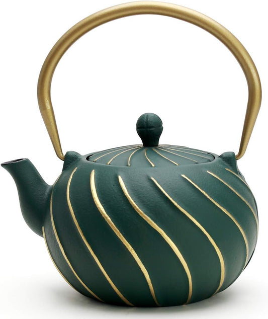TOPTIER Japanese Cast Iron Teapot with Infuser, Stovetop Safe Teakettle, Wave Design, Enameled Interior, 30 oz (900 ml), Green