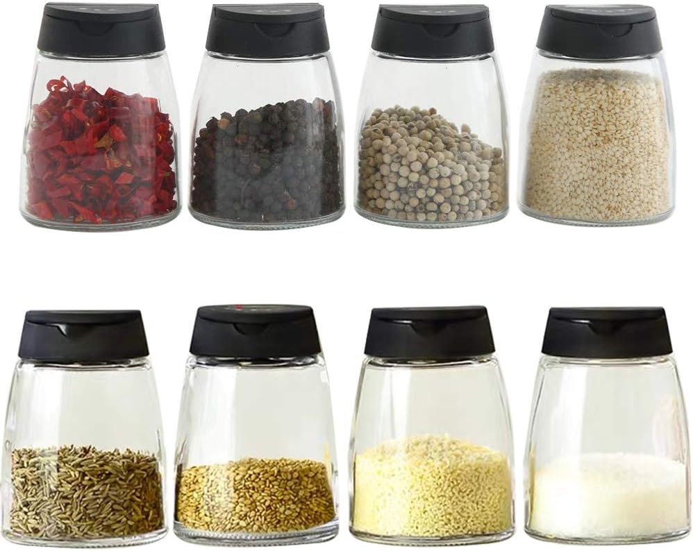 Glass Spice Jars, Double Lids Seasoning Shakers Glass Bottles Spice Shakers Sifter Barbecue Salt & Pepper Shaker Container (8PCS）