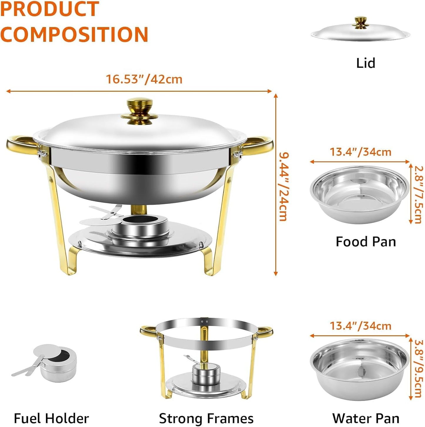 Gold & Silver Chafing Dishes for Buffet with Lid 5QT, 4 Pack - Food-Grade Stainless Steel Chafers and Buffet Warmers Sets with Lid Holder, Rolled Edge Design, for Party, Banquet
