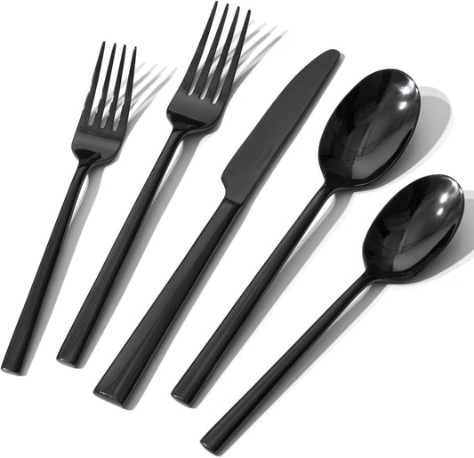 KINGSTONE Black Silverware Set, 20-Piece Forged Flatware Set Cutlery Set Premium Stainless Steel, Service for 4, for Kitchen, Home, Wedding, Party, Mirror Polished and Dishwasher Safe