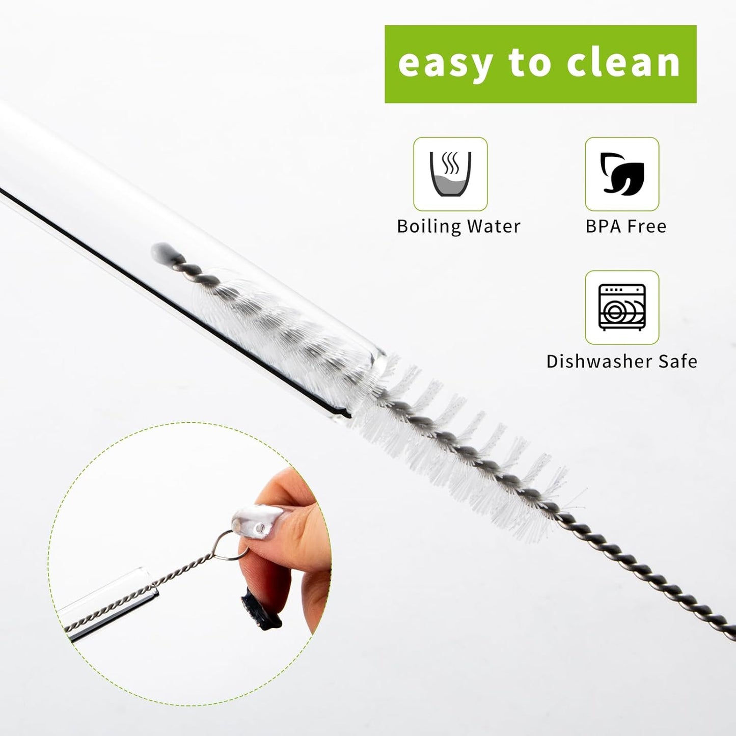 Lazycorner Reusable Glass Straws Set 16 Pcs 8.5''x 10MM Bent Clear Glass Drinking Straws, Set of 16 Bent with 4 Cleaning Brushes. Reusable Straws Perfect For Smoothies, Tea, Juice-Clear Cocktail.