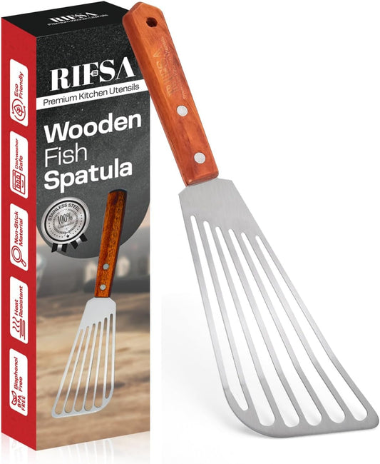 1 Slotted Elegant Silver Fish Turner Spatula - Metal Fish Spatula with 6.5 inch Blade & Ergonomic Wooden Handle - Ideal for Home and Professional Chefs