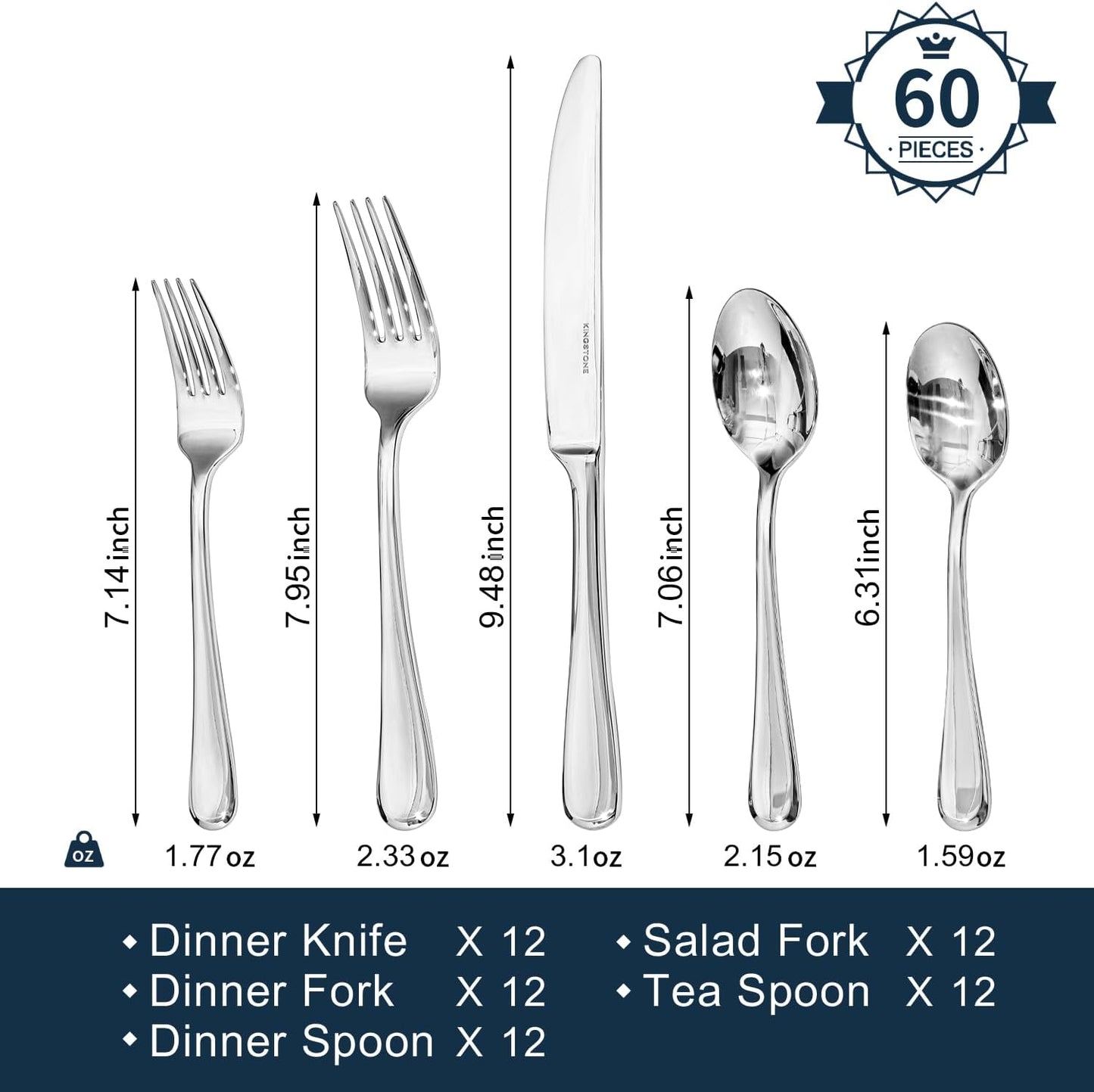 KINGSTONE 60 Pieces Silverware Set for 12, Premium Stainless Steel Flatware Set, Heavy Duty and Modern Design Cutlery Set, Mirror Polished, Dishwasher Safe