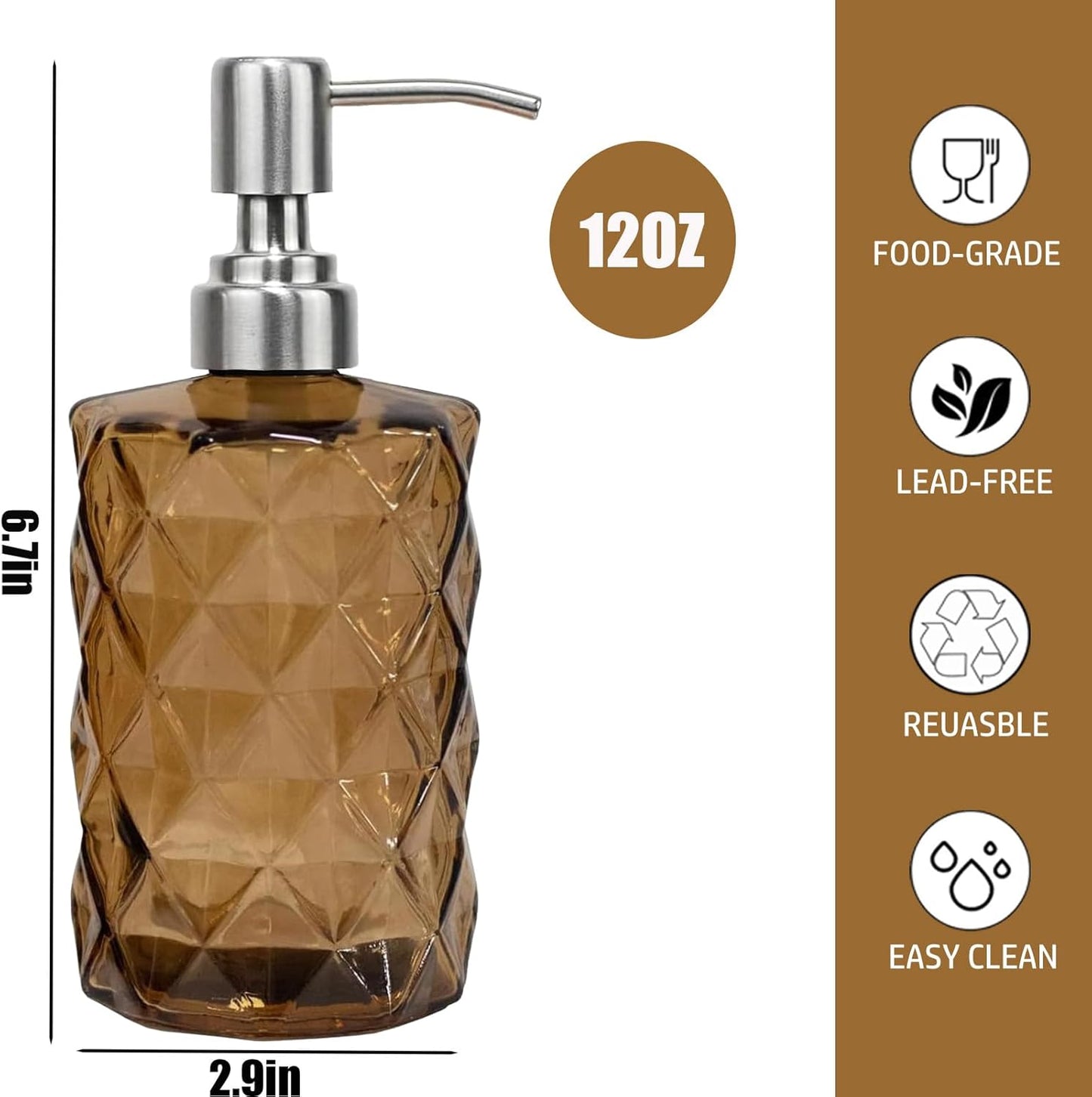 12Oz Brown Glass Soap Dispenser with Stainless Steel Pump, Refillable Kitchen Liquid Hand Soap Dispenser with Diamond Design, for Dispense Hand soap, Dish Soap, Lotion, Bathroom, Countertop, Hotel