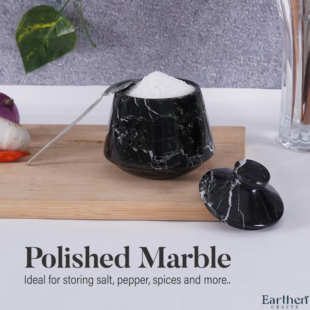 Marble Salt Cellar With Lid & Spoon Black Zebra 4 Inch Stone Salt Container - Seasoning Spice Jar Holder & Jewelry Storage - Salt Box For Kitchen Counter