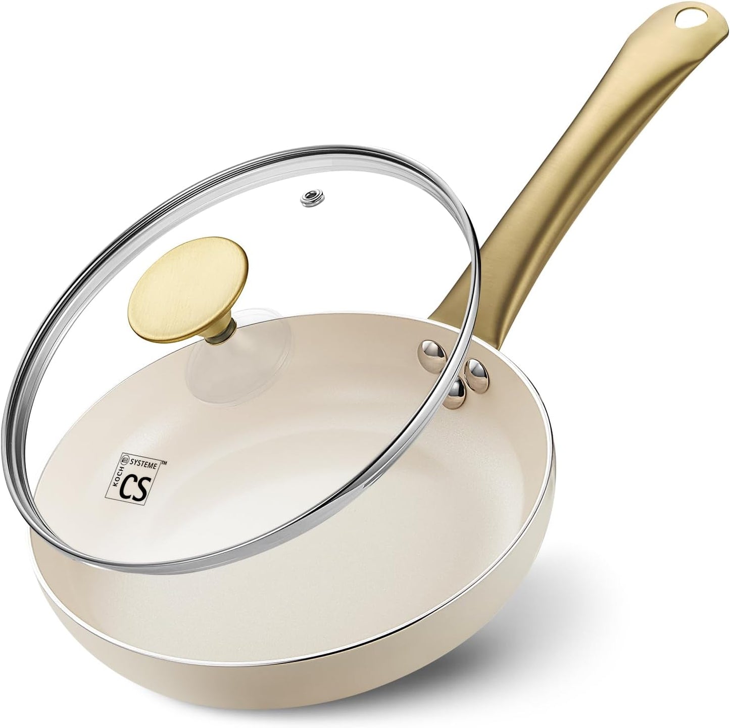KOCH SYSTEME CS Nonstick Frying Pan with Lid, 8 Inch Non-Stick Skillet with Gold Stay-Cool Stainless Steel Handle, Omelet Pan with Nonstick Ceramic Coating, PFOA Free, Oven Safe, Cream White