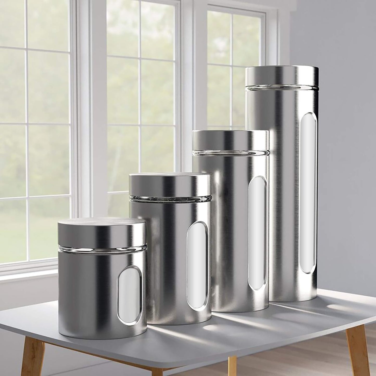 Quality 4pc Stainless Steel Canister Set for Kitchen Counter with Glass Window & Airtight Lids, Food Storage Containers, Pantry Storage & Organization Set for Coffee, Flour, Pasta, Rice, Spices, Herbs