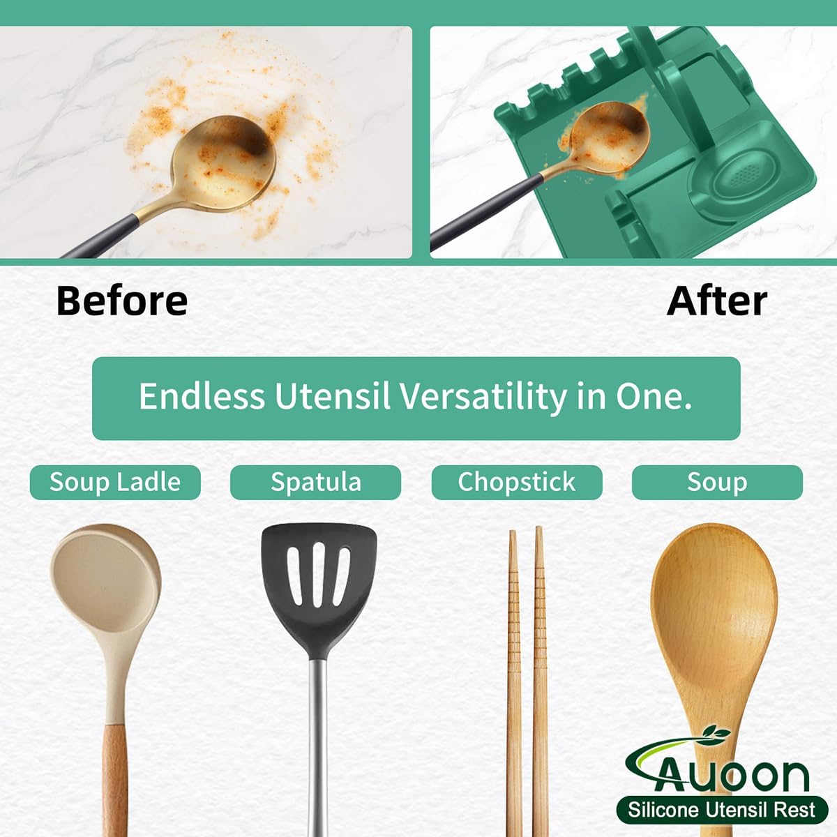 AUOON Spoon Holder for Stove - Silicone Spoon and Lid Rest with Drip Pad Kitchen Utensil Rest for Spoons, Ladles, Spatulas, Tongs & More (Sea Blue, Large)