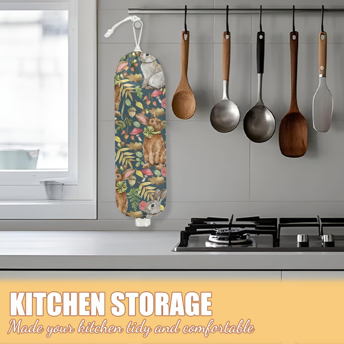 Rabbit Bunny Plastic Bag Holder, Wall Mount Grocery Bag Holder, Plastic Storage bag, Pull Rope Free Adjustment, Plastic Bag Holders for Grocery Bags, Plastic Bag Dispenser for Home Kitchen