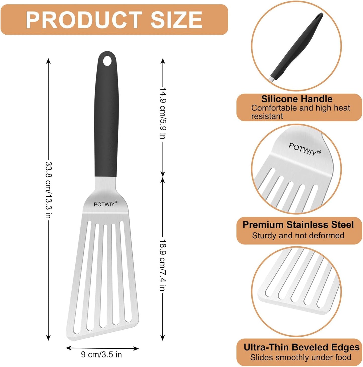Fish Spatula, 13.3" Stainless Steel Slotted Spatula for Flipping Fish, Egg, Burger, Metal Turner for Kitchen and Grilling Cooking with Silicone Handle, Beveled Edge and Thickened Blade